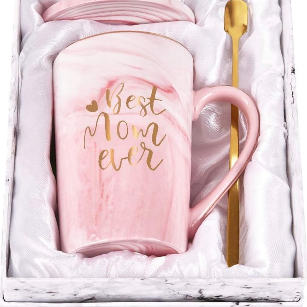 Pink Ceramic Mug with Gold Spoon Best Mom Ever included lid and coaster.